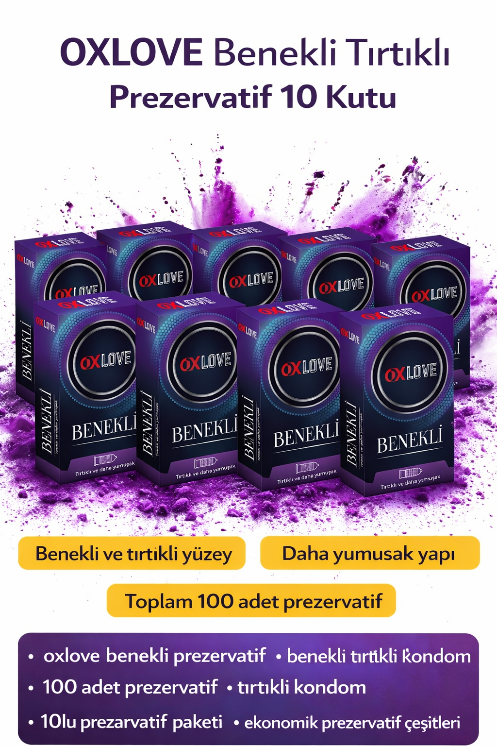 OXLOVE Benekli Tırtıklı Prezervatif 10 Kutu 100 Adet Ekonomik Paket Daha Yumuşak Dokulu