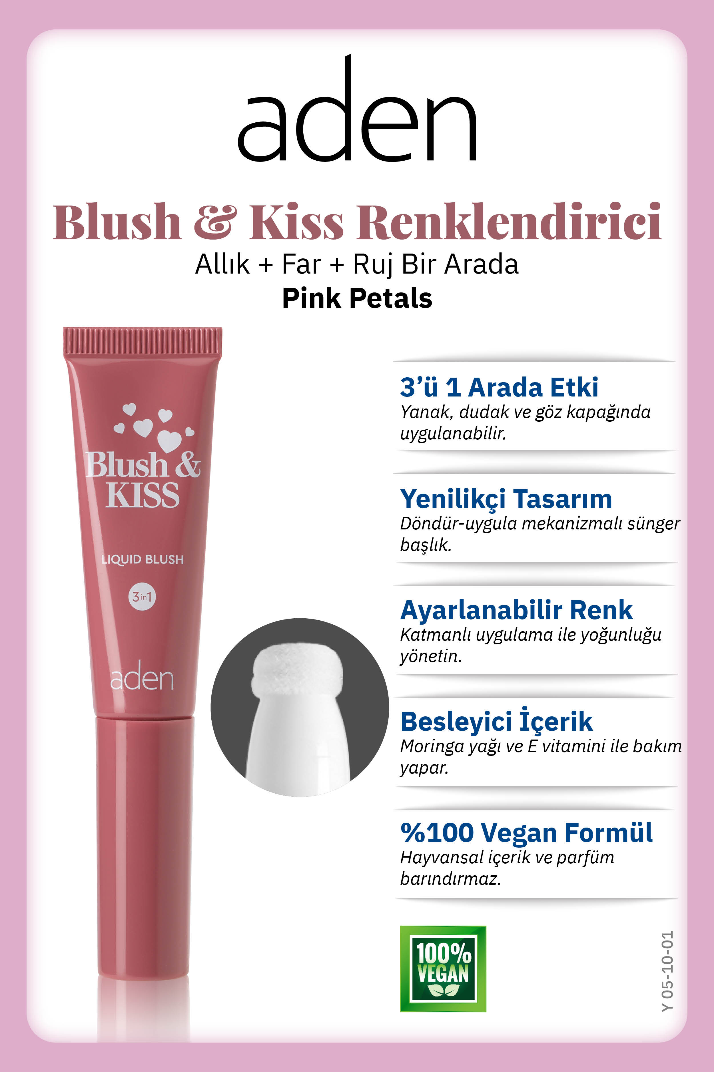 Aden 3in1 Blush & Kiss 01 Pink Petals(Çiçek Pembesi)