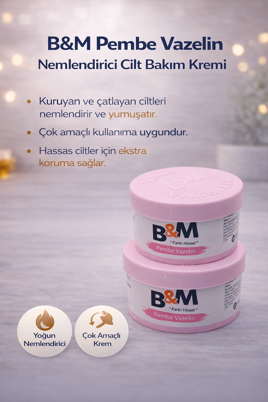 B&amp;M Pembe Vazelin Nemlendirici Cilt Bakım Kremi Çok Amaçlı Vazelin 2 Adet
