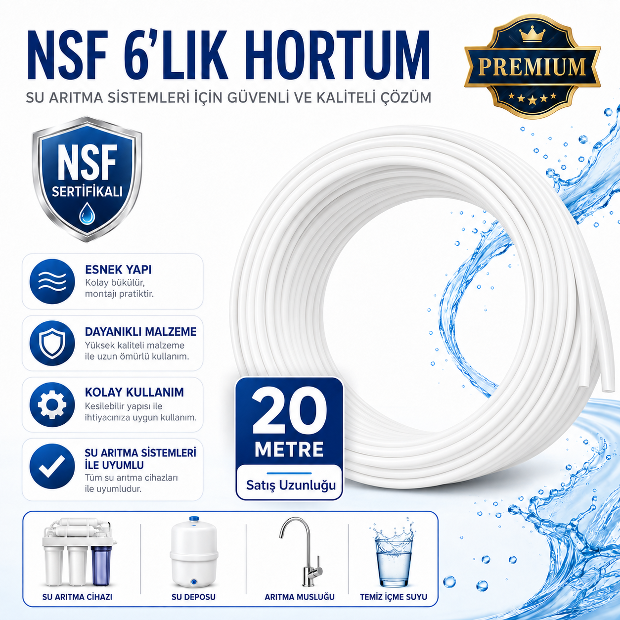 NSF Sertifikalı Premium 6’lık Su Arıtma Hortumu 20 Metre 608696155