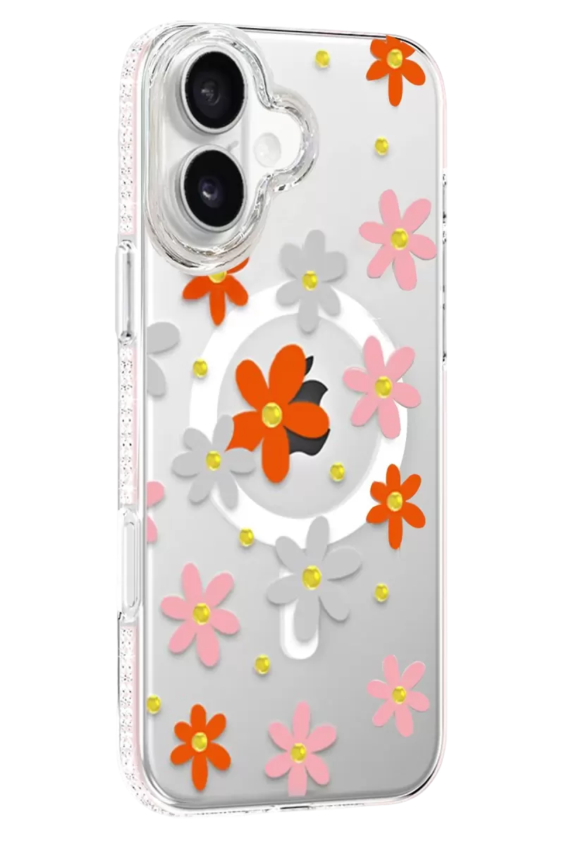 iPhone 16 Floral Magsafe Kapak - Turuncu