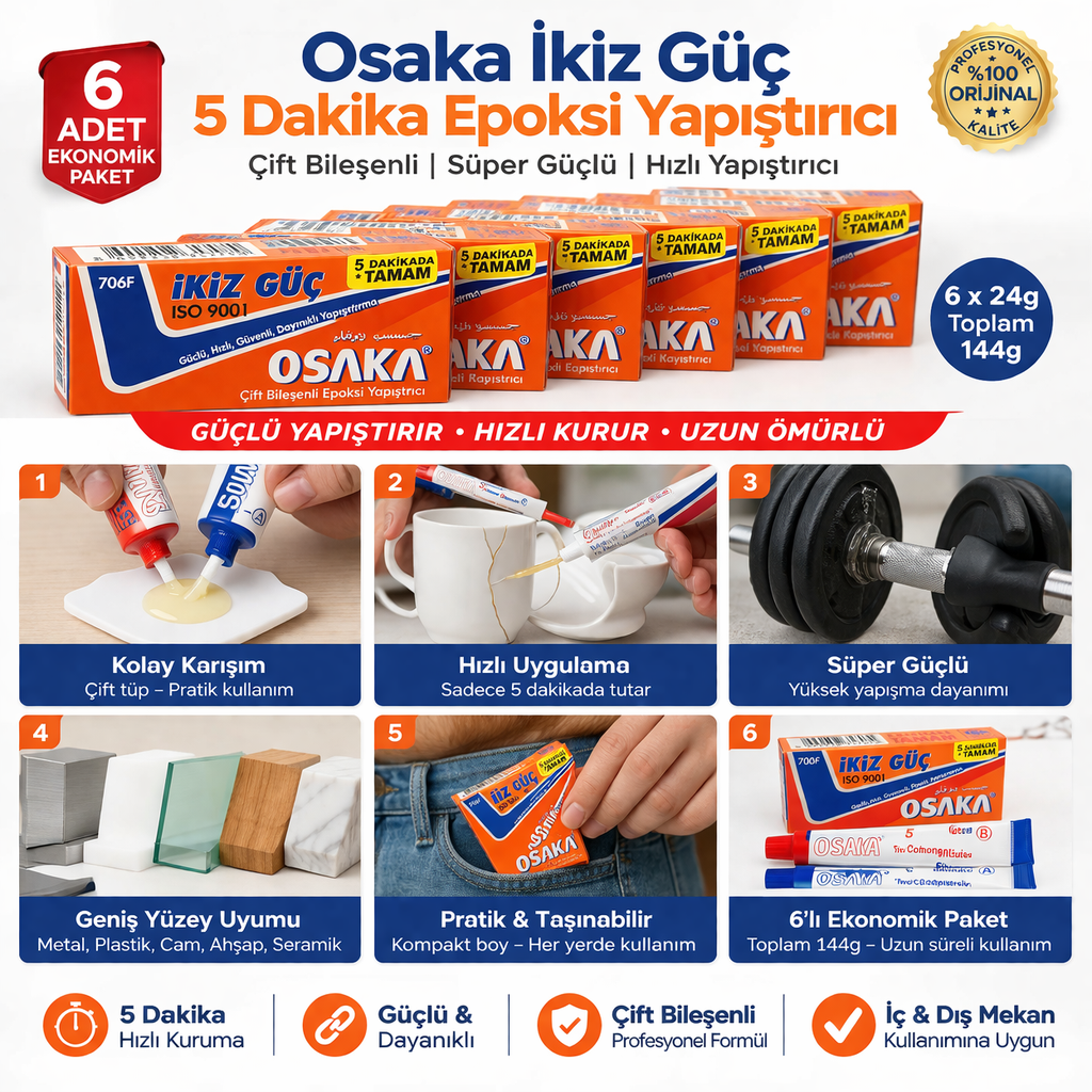 Osaka İkiz Güç 5 Dakika Epoksi Yapıştırıcı Çift Bileşenli Güçlü Hızlı Yapıştırıcı 6 Adet