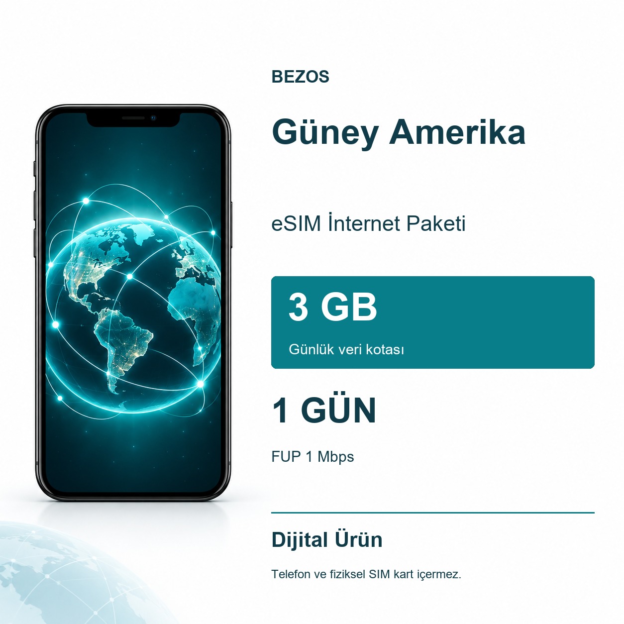 Güney Amerika eSIM İnternet Paketi Günlük 3 GB 1 Gün - FUP 1 Mbps