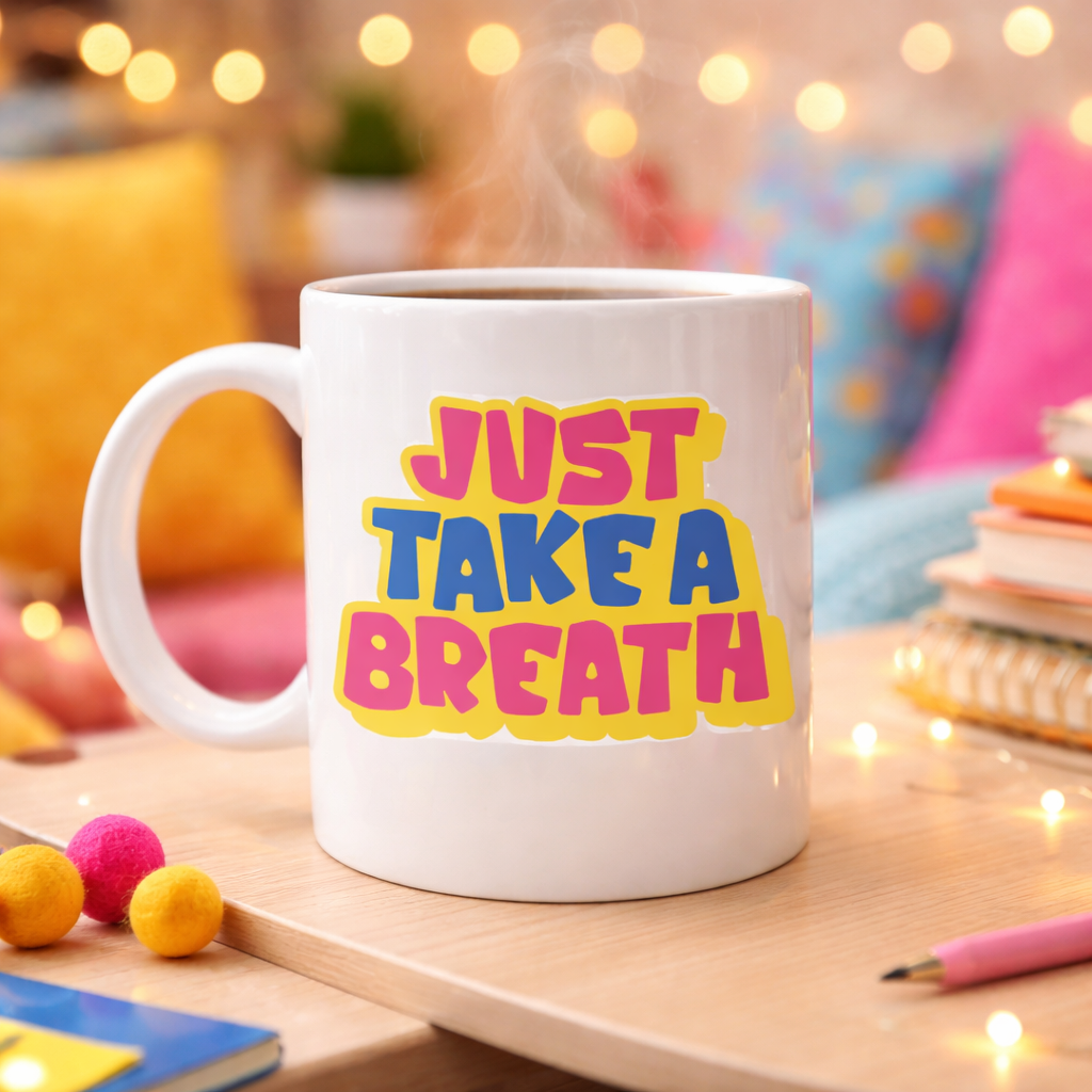Just Take a Breath Yazılı Porselen Kupa MODEL 140 – Motivasyon &amp; Sakinleştirici Tasarım – Renkli Modern Kahve Kupası – Hediye Seçeneği