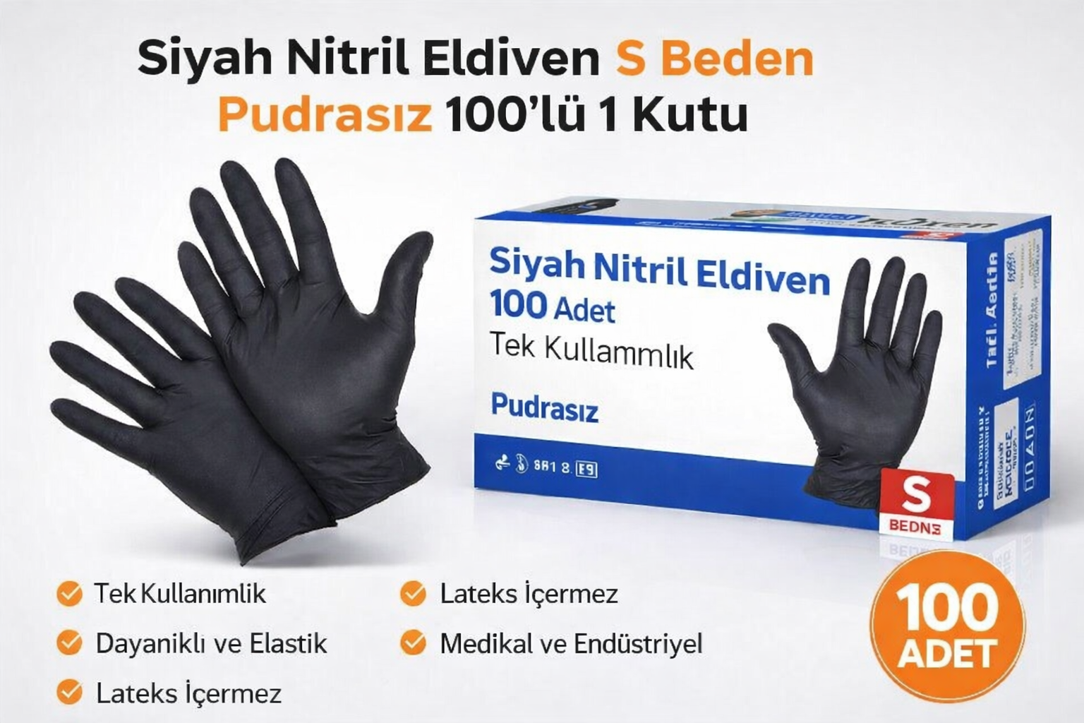 Siyah Nitril Eldiven S Beden Pudrasız 100'lü 1 Kutu Tek Kullanımlık Muayene Eldiveni Dayanıklı Elastik Koruyucu Eldiven