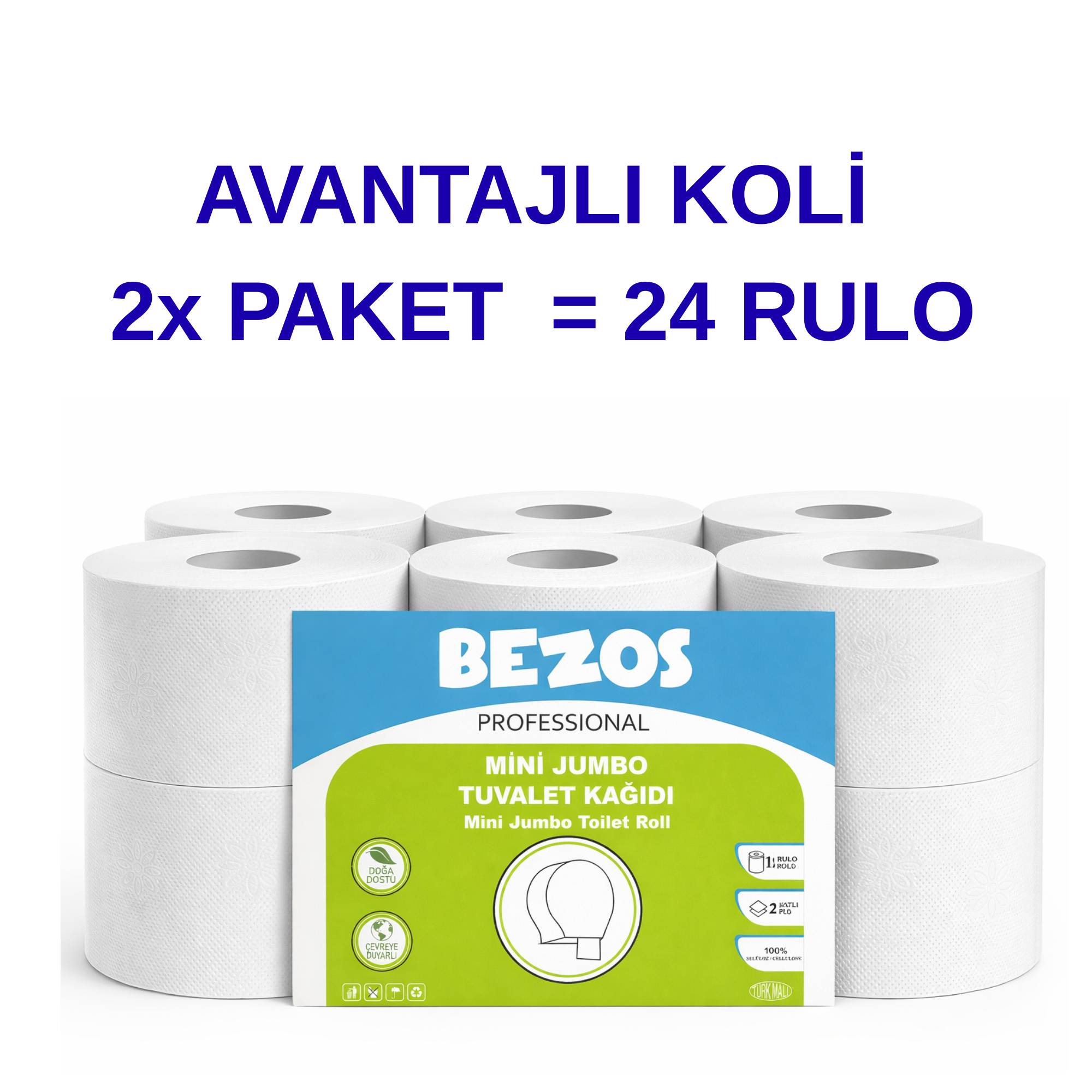 Bezos Professional Mini Jumbo Tuvalet Kağıdı 24 Rulo | 2 Katlı | %100 Selüloz | Endüstriyel &amp; Ev Tipi Kullanım 2X12RULO