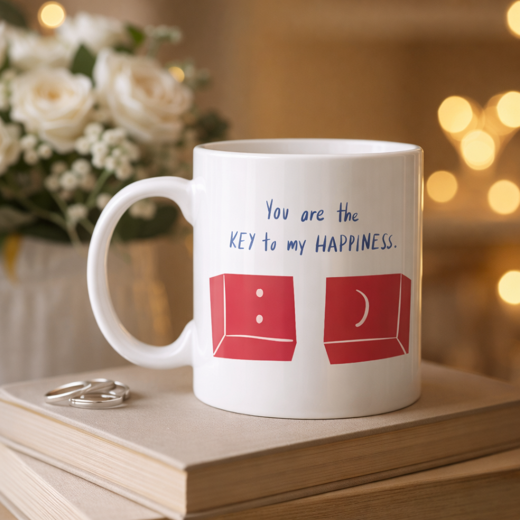 Model 25 – You Are the Key to My Happiness Tasarımlı Porselen Kupa -Anlamlı &amp; Romantik Hediye