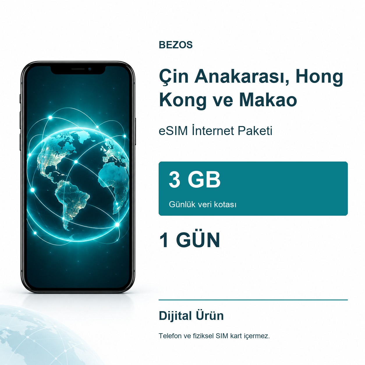 Çin Anakarası, Hong Kong ve Makao eSIM İnternet Paketi Günlük 3 GB 1 Gün