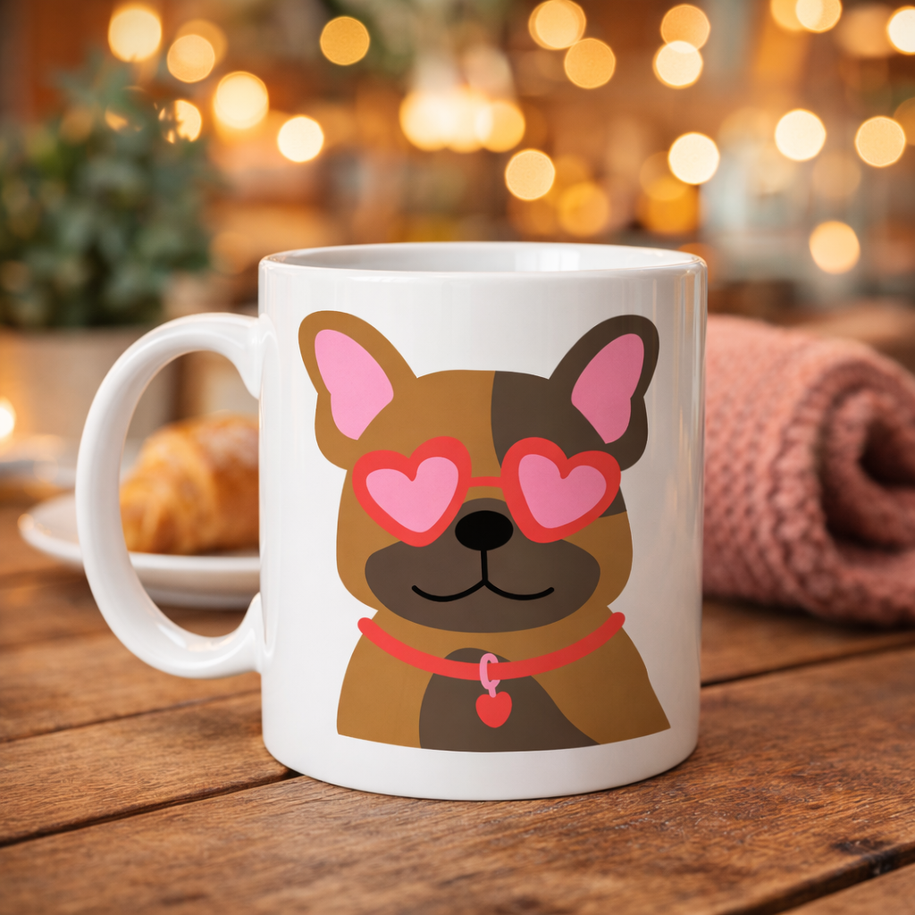 Sevimli French Bulldog Desenli Porselen Kupa Model 48 – Kalpli Gözlüklü Köpek Tasarımı, Hediye Kupa, Kahve &amp; Çay Kupası