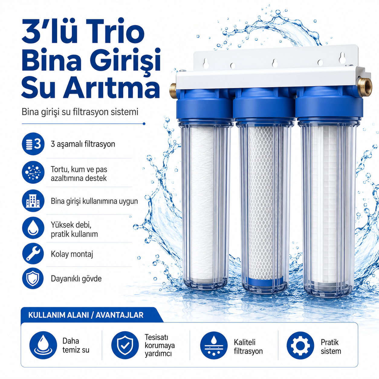 3’lü Trio Premium Bina Girişi Su Arıtma Sistemi 3 Aşamalı Filtrasyon