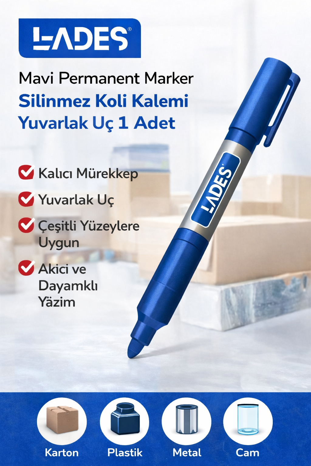 Lades Mavi Permanent Marker Silinmez Koli Kalemi Yuvarlak Uç 1 Adet