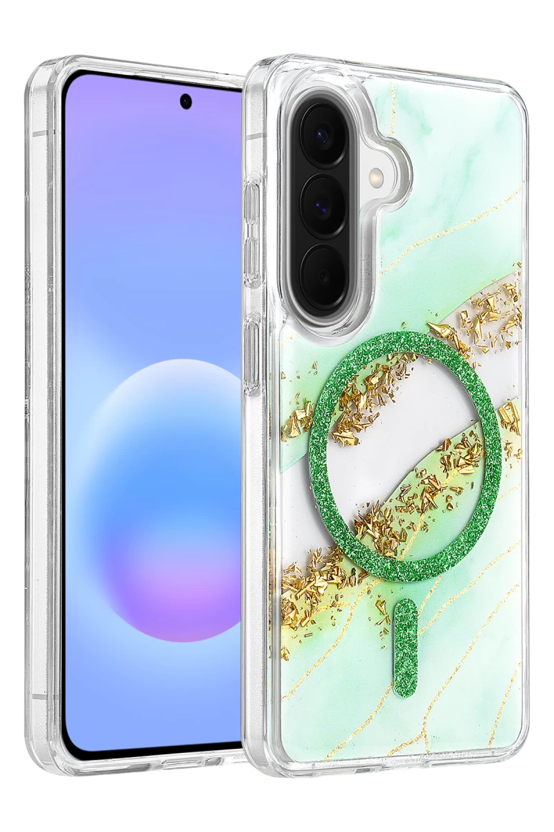 Onegif Samsung Galaxy A37 5G Uyumlu Lotus Simli Magsafe Kapak - Yeşil