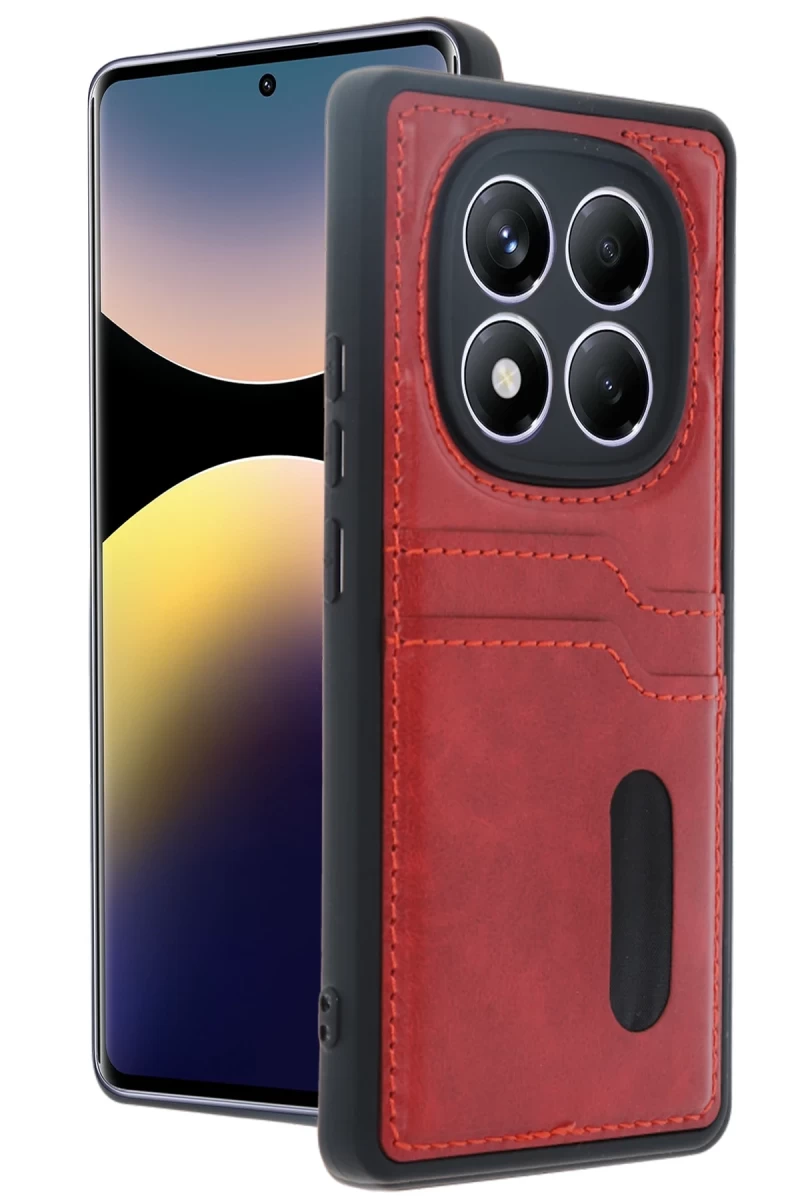 Xiaomi Redmi Note 14 Pro 5G Uyumlu Kılıf Sara Kartvizitli Deri Kılıf - Kırmızı