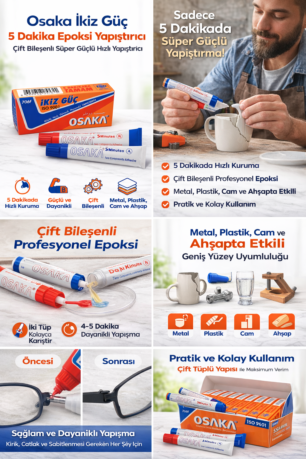 Osaka İkiz Güç 5 Dakika Epoksi Yapıştırıcı Çift Bileşenli Güçlü Hızlı Yapıştırıcı 1 Adet