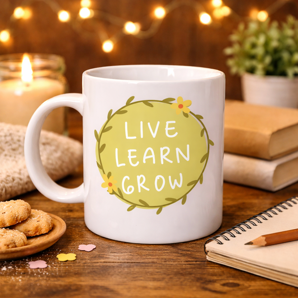 Live Learn Grow Motivasyon Kupası MODEL 133 – YAŞA , ÖĞREN , GELİŞ İlham Veren Tasarım, Porselen Kupa, Pozitif Mesajlı Kahve &amp; Çay Kupası