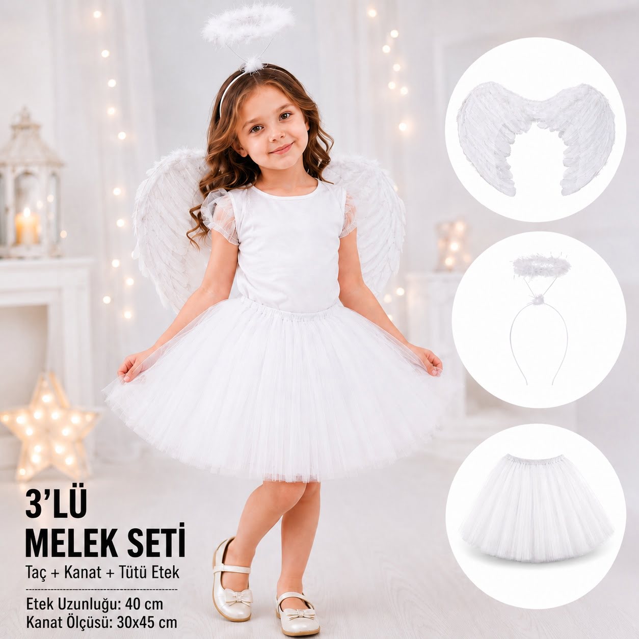 Çocuk Beyaz Melek Kostüm Seti ? Melek Kanadı, Taç ve Tütü Etek 3?lü Set