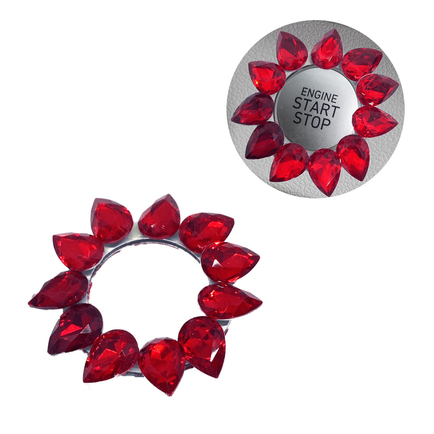 Kristal Damla Taşlı Start Stop Düğme Halkası Kırmızı