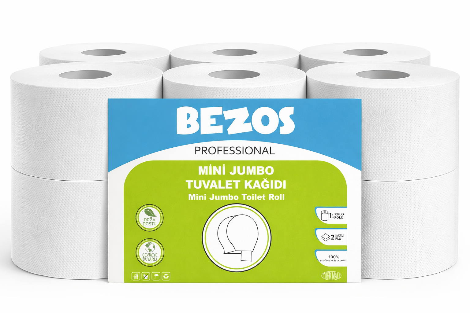 Bezos Professional Mini Jumbo Tuvalet Kağıdı 48 Rulo | 2 Katlı | %100 Selüloz | Endüstriyel &amp; Ev Tipi Kullanım 4X12RULO