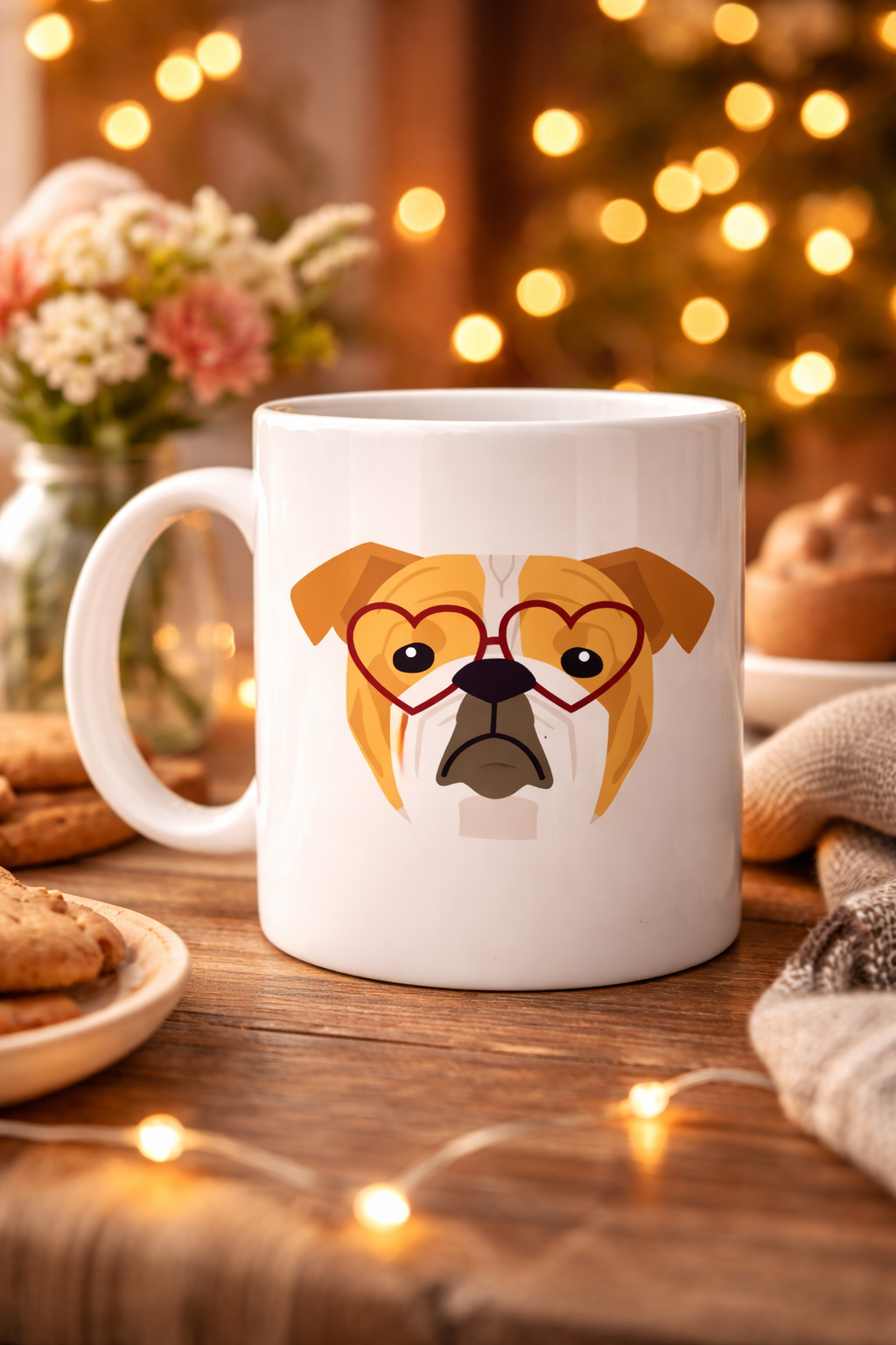 Kalpli Gözlüklü İngiliz Bulldog Tasarımlı Porselen Kupa Model 52 – Sevimli Köpek Desenli Kahve &amp; Çay Kupası