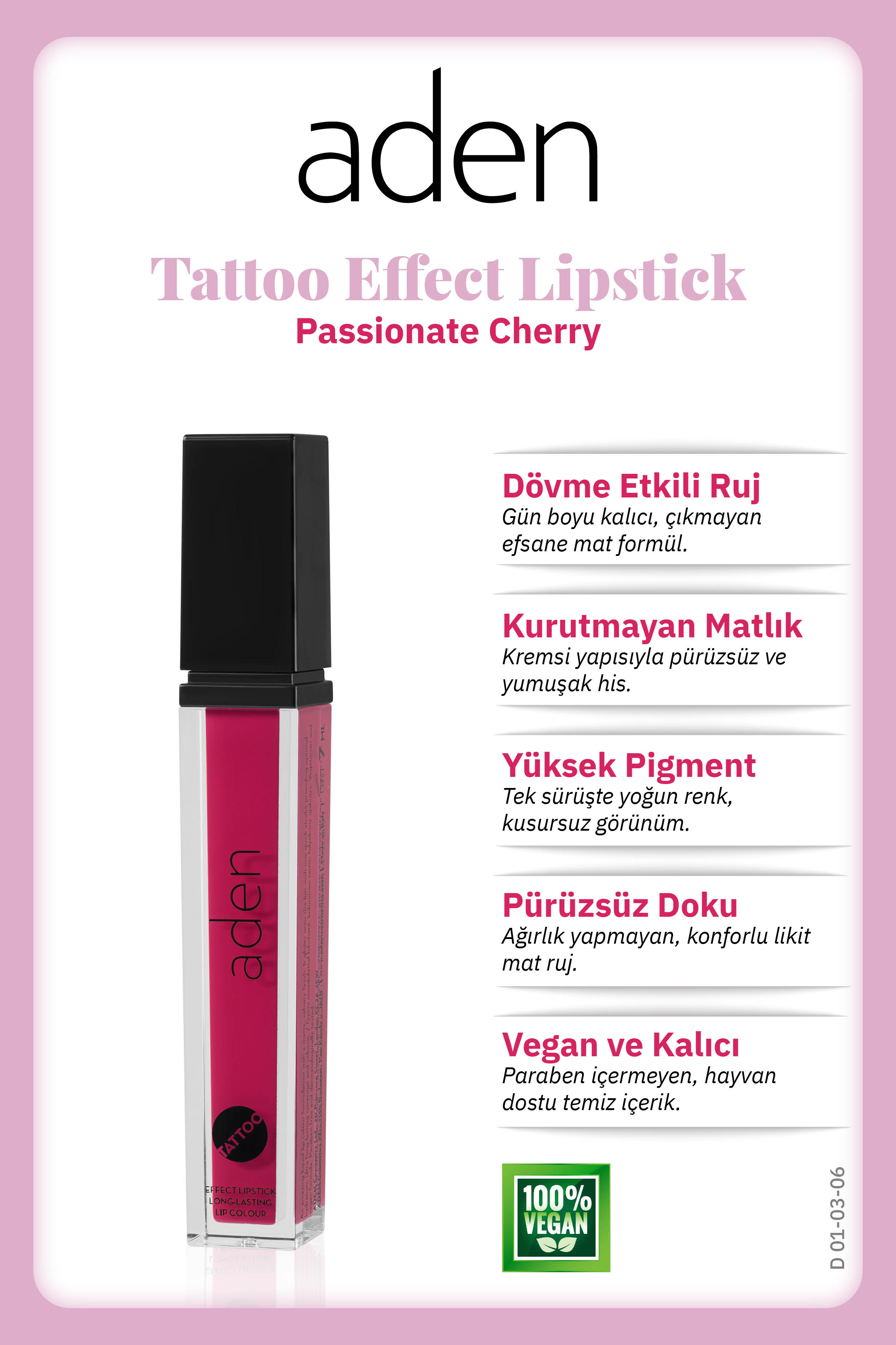 Aden Tattoo Effect Lipstick - Dövme Etkili Likit Ruj Passionate Cherry(Kiraz)