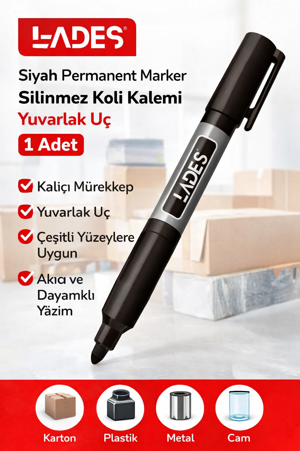 Lades Siyah Permanent Marker Silinmez Koli Kalemi Yuvarlak Uç 1 Adet