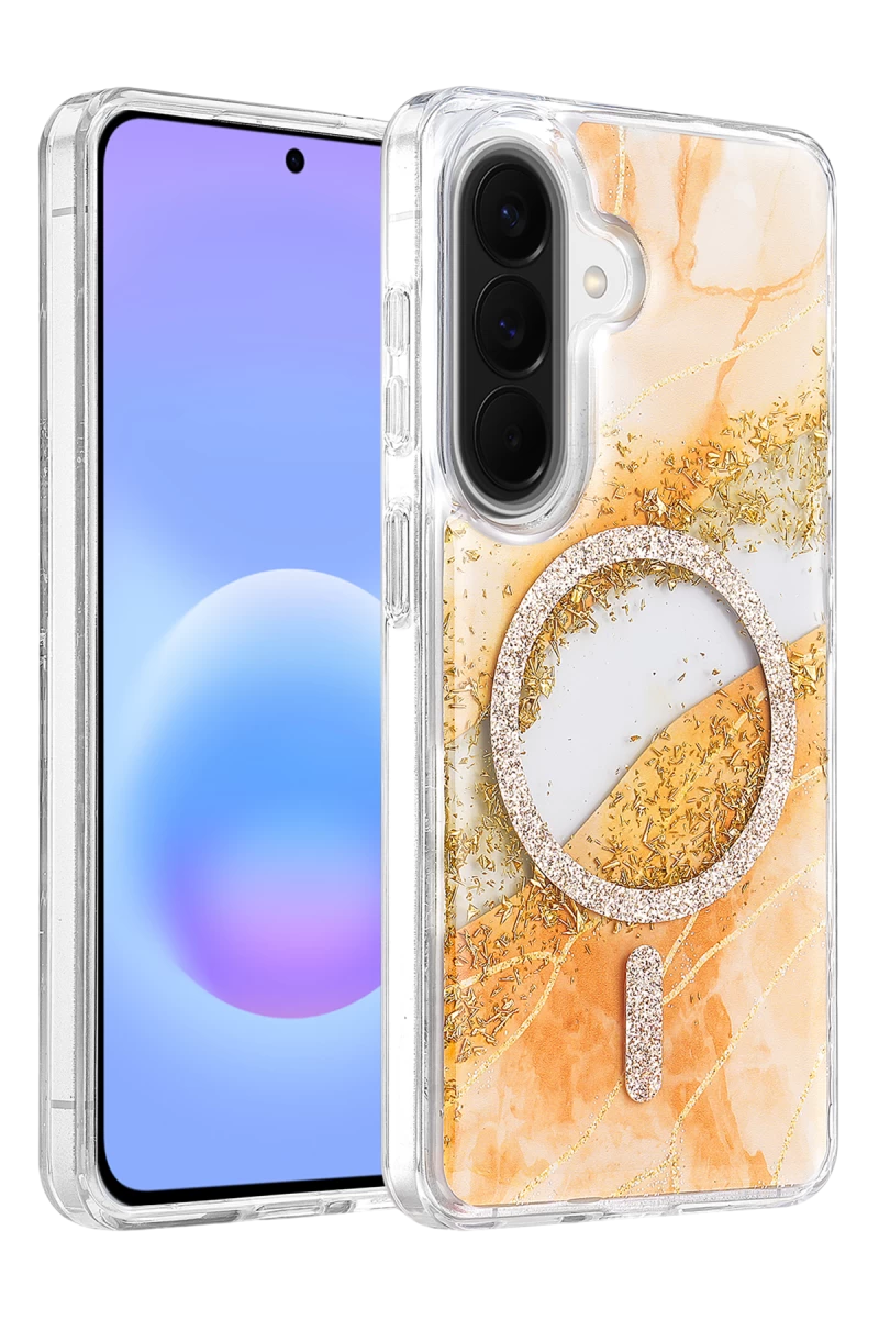 Onegif Samsung Galaxy A56 Uyumlu Lotus Simli Magsafe Kapak - Turuncu