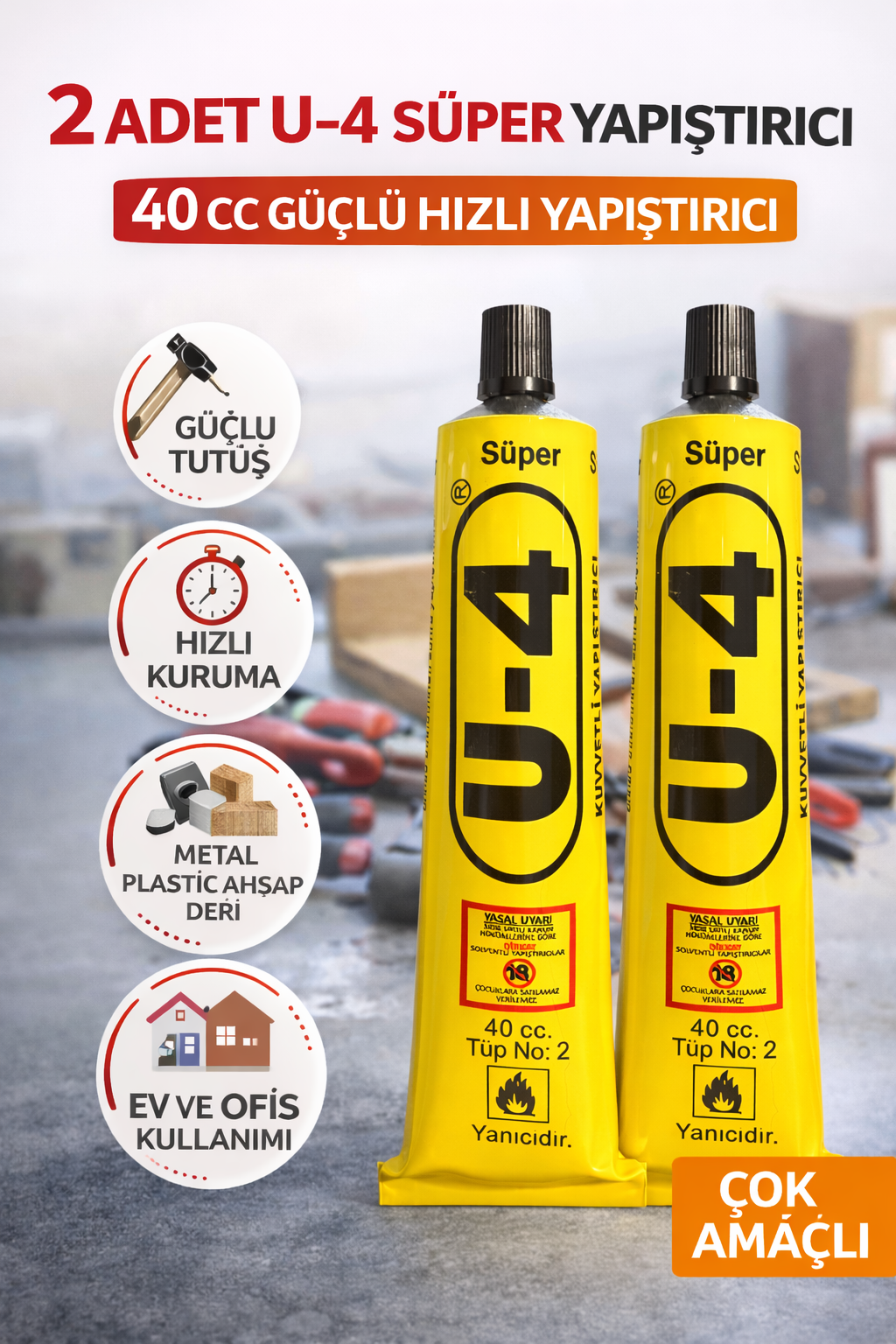 2 Adet U-4 Süper Yapıştırıcı 40 CC Güçlü Hızlı Yapıştırıcı Çok Amaçlı Metal Plastik Ahşap Deri Yapıştırıcı