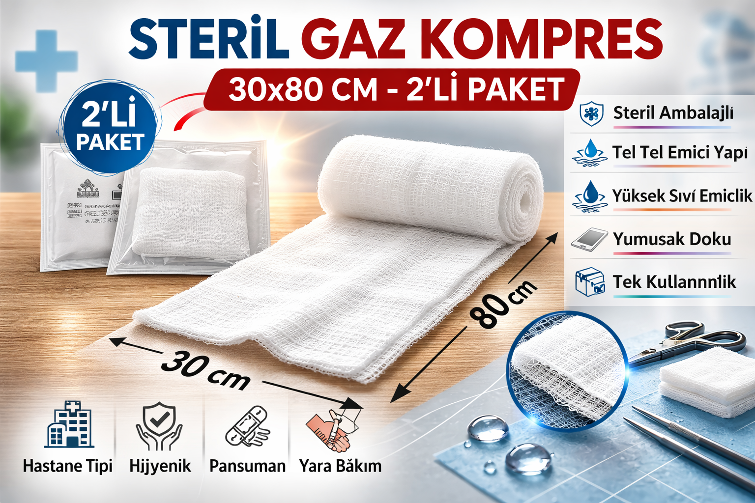 Steril Gaz Kompres 30x80 cm 2'li 1 Paket Tel Tel Yara Bakım Kompresi