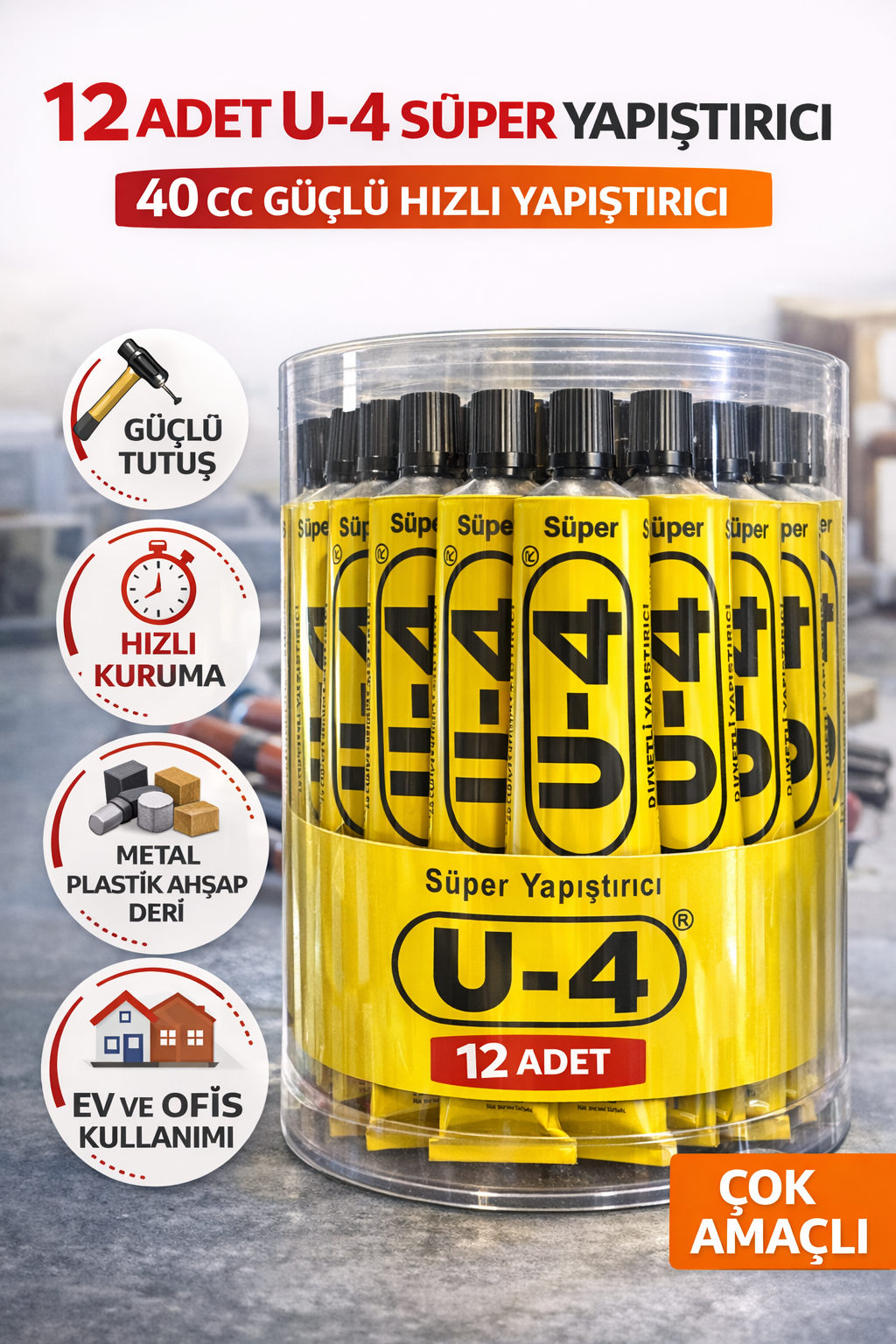 12 Adet U-4 Süper Yapıştırıcı 40 CC Güçlü Hızlı Yapıştırıcı Çok Amaçlı Metal Plastik Ahşap Deri Yapıştırıcı Şeffaf Kutulu