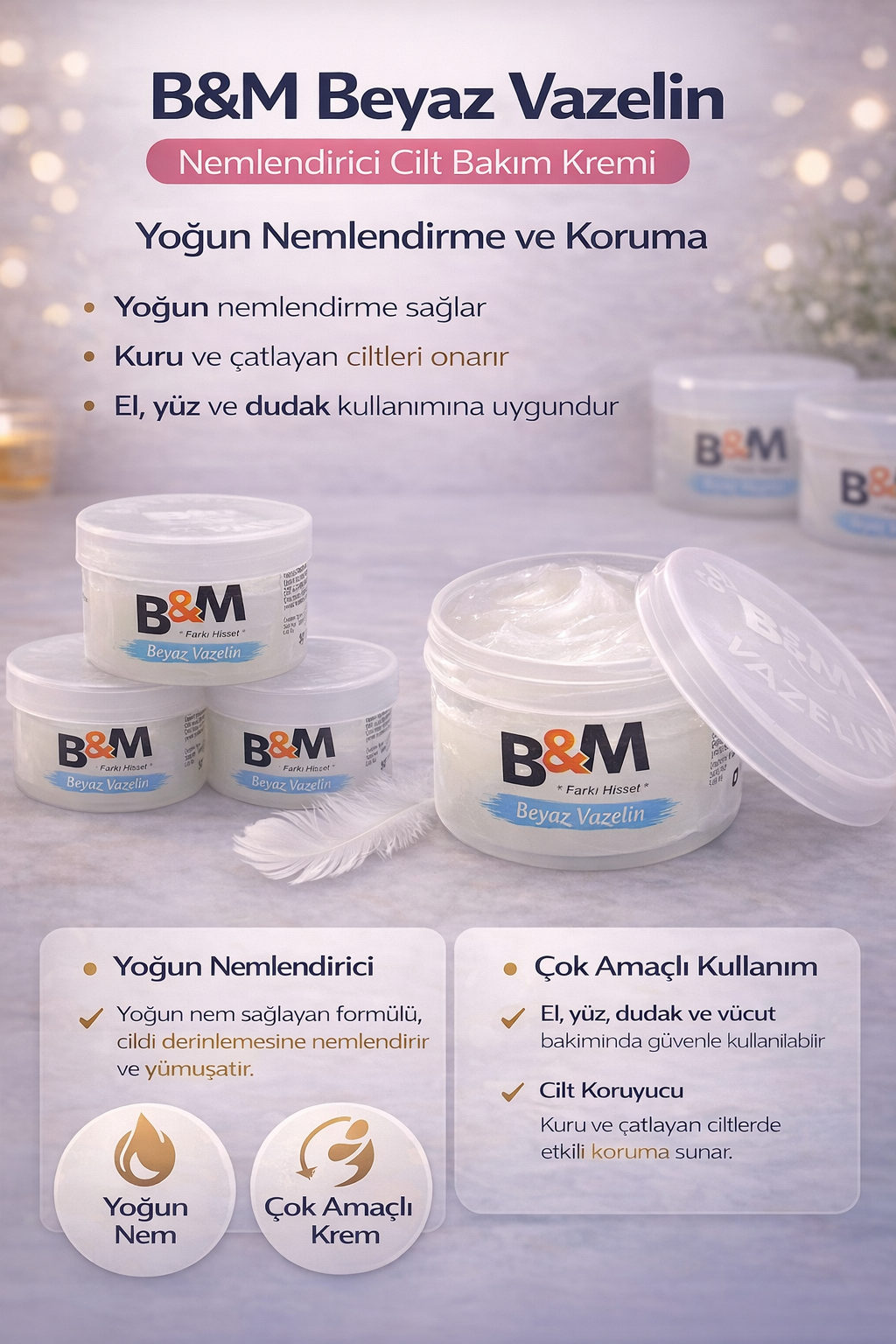 B&amp;M Beyaz Vazelin Nemlendirici Cilt Bakım Kremi Çok Amaçlı Yoğun Nemlendirici 2 Adet