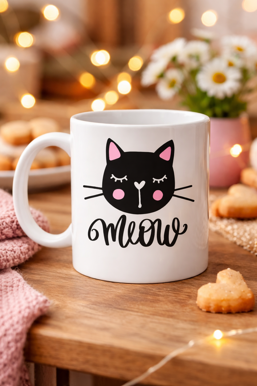 Sevimli Kedi Desenli Porselen Kupa MODEL 63 – “Meow” Yazılı Kahve &amp; Çay Keyfi İçin Tatlı Tasarım