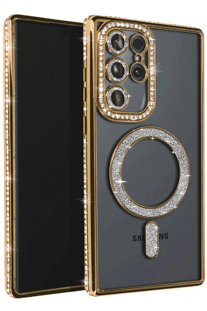 Samsung Galaxy S25 Ultra Uyumlu Kılıf Joke Simli Magneticsafe Kılıf - Gold