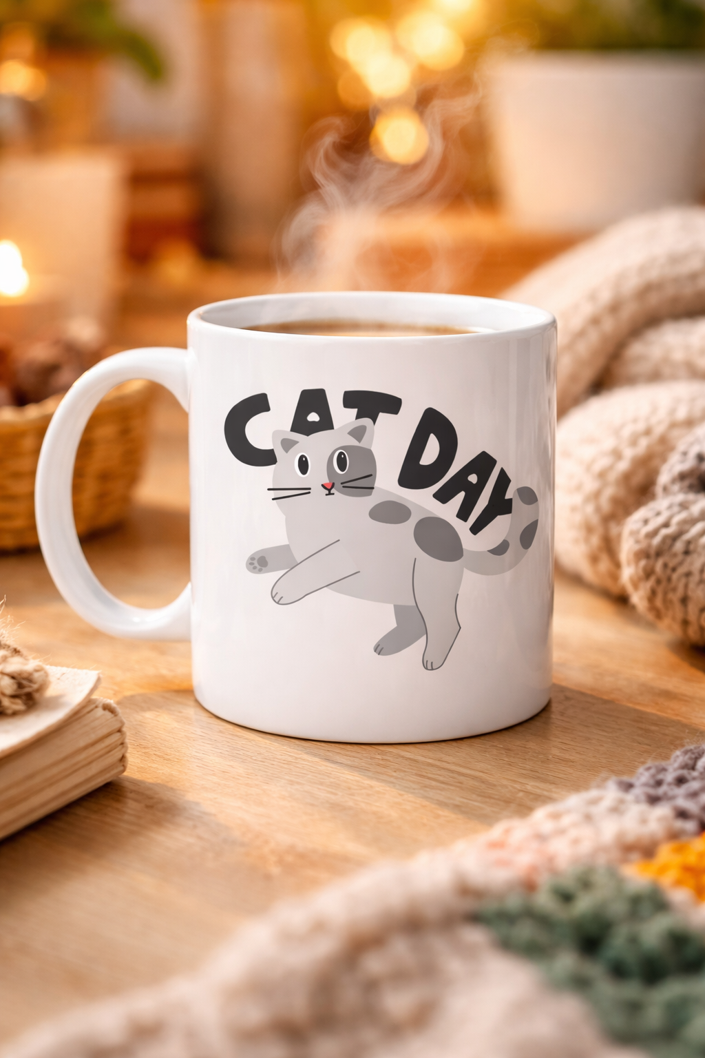 Cat Day Kedi Desenli Porselen Kupa MODEL 67 – Sevimli Kedi Figürlü, Günlük Kullanıma Uygun, Kahve &amp; Çay Kupası