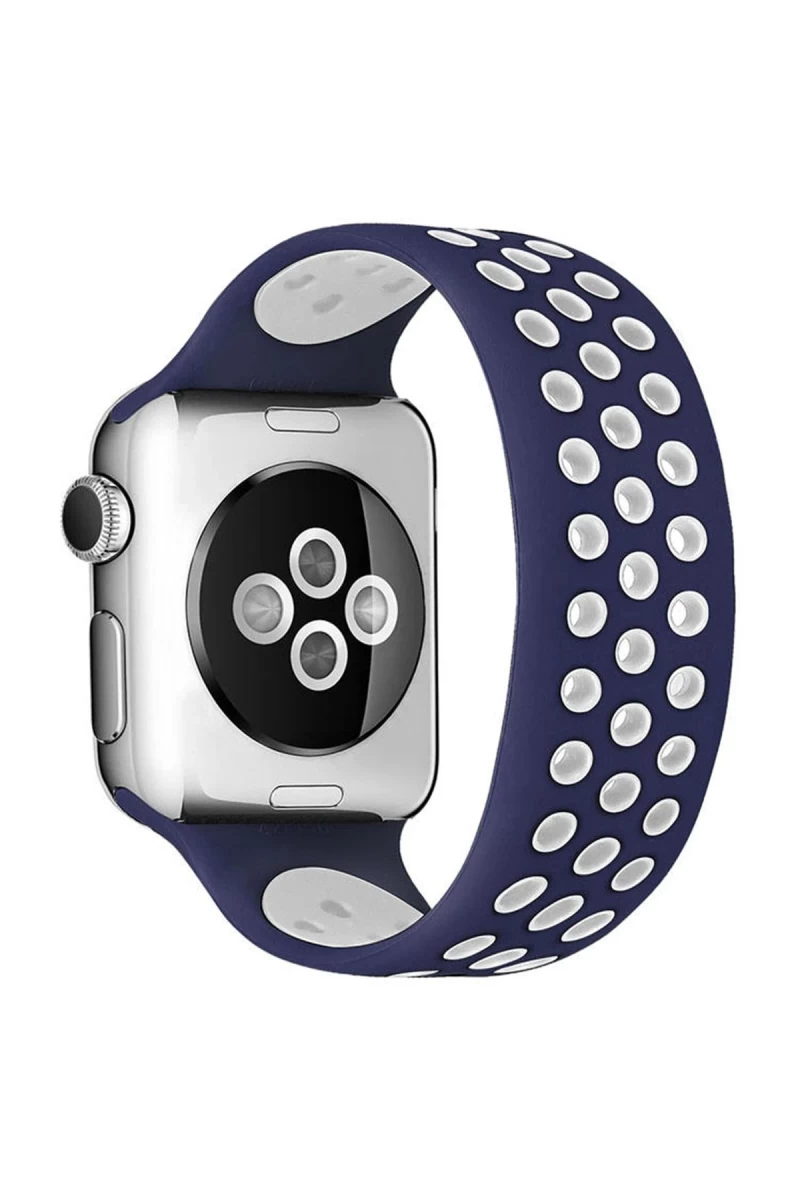 Apple Watch 42mm Uyumlu Ayarlı Delikli Silikon Kordon - Lacivert-Beyaz