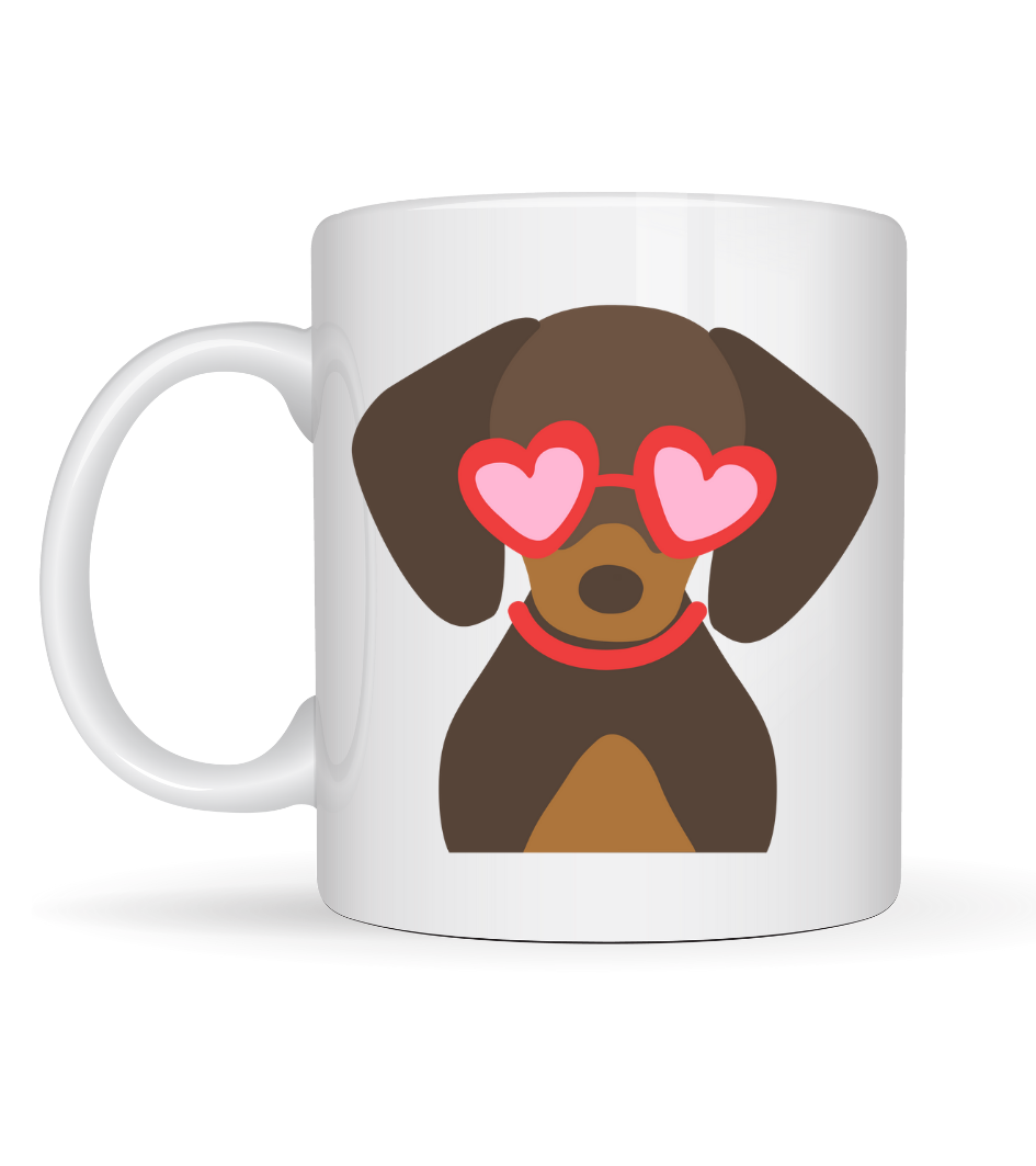 Sevimli Dachshund (Sosis Köpek) Desenli Porselen Kupa Model 47 – Kalpli Gözlüklü Köpek Figürlü, Hediye Kupası