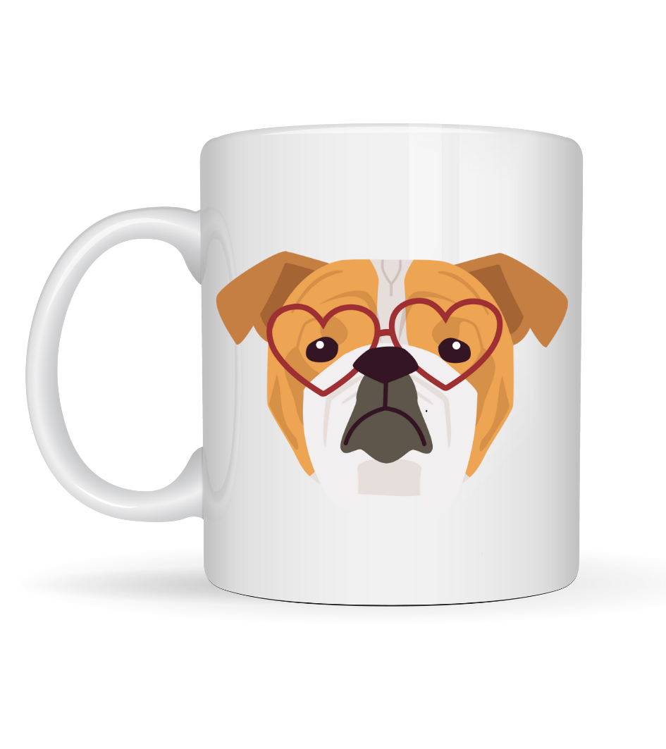 Kalpli Gözlüklü İngiliz Bulldog Tasarımlı Porselen Kupa Model 52 – Sevimli Köpek Desenli Kahve &amp; Çay Kupası