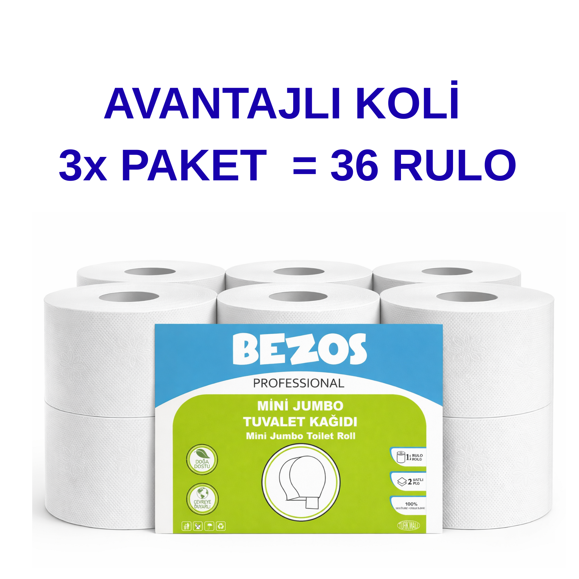 Bezos Professional Mini Jumbo Tuvalet Kağıdı 36 Rulo | 2 Katlı | %100 Selüloz | Endüstriyel &amp; Ev Tipi Kullanım 3X12RULO