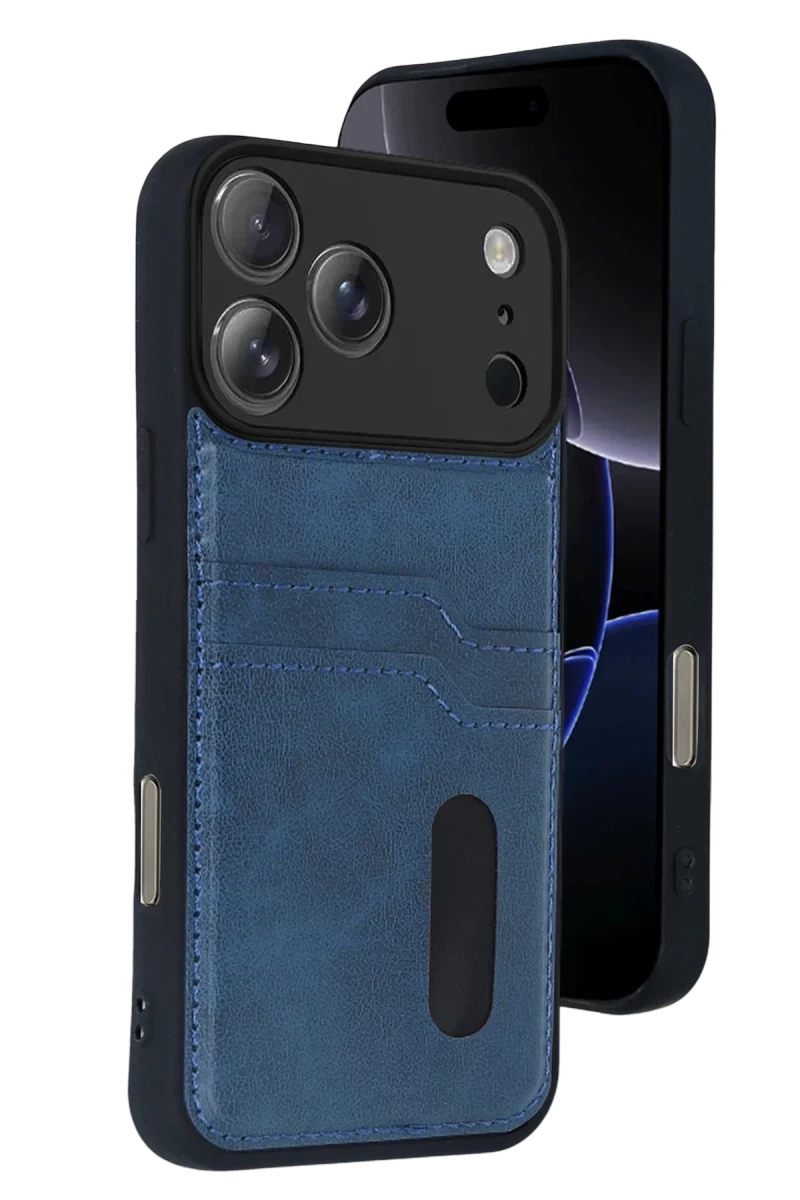 Apple iPhone 17 Pro Max Uyumlu Sara Kartvizitli Deri Kılıf - Lacivert