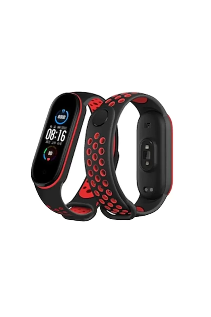 Mi Band 6 Spor Delikli Kordon - Siyah-Kırmızı