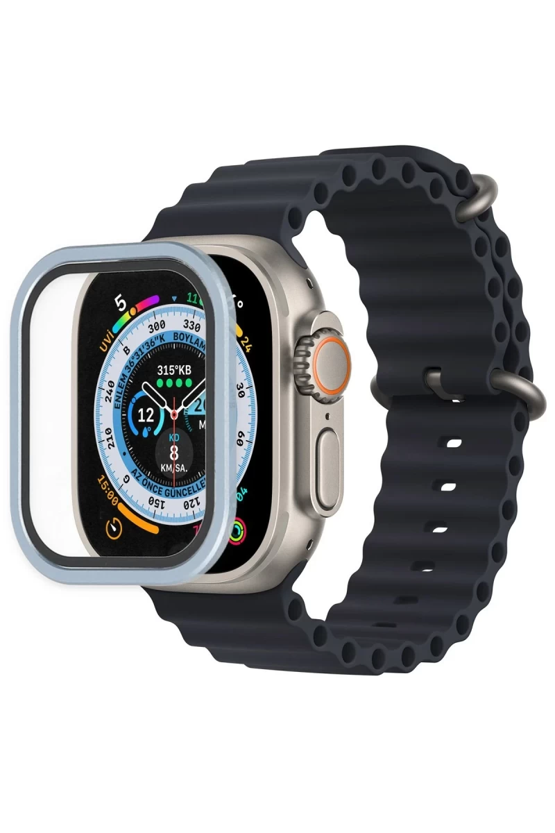 Apple Watch Ultra 49mm Uyumlu Alüminyum Kasa Cam Ekran Koruyucu - Mavi