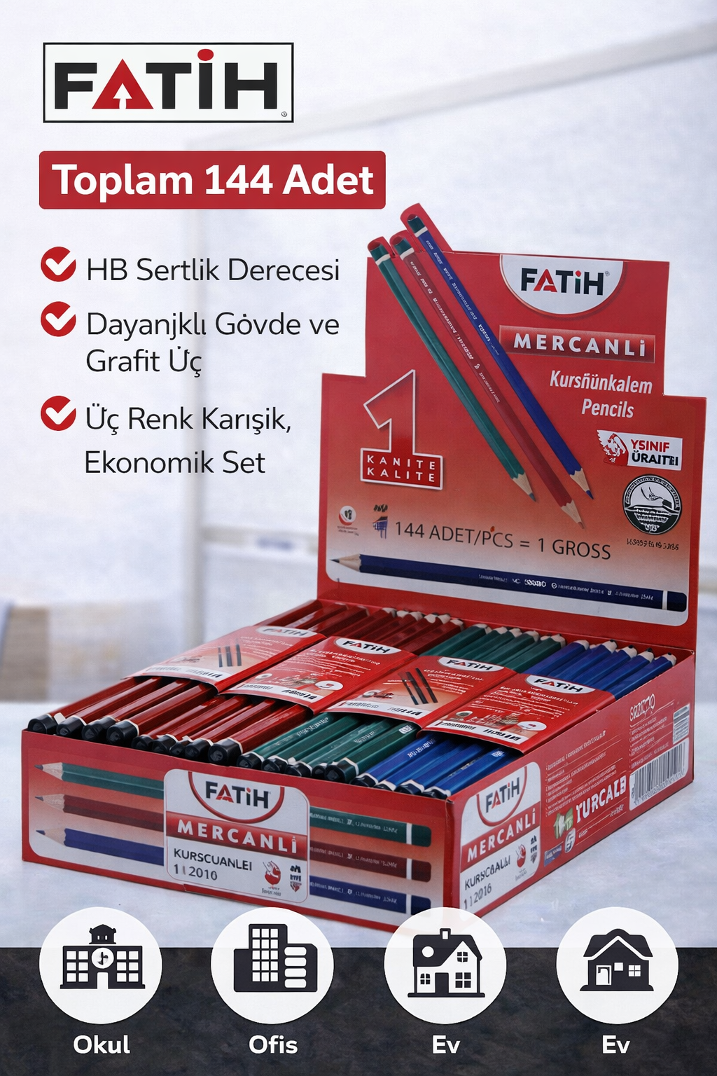 Fatih Mercanlı 12010 HB Kurşun Kalem Silgisiz 144 Adet Karışık Renk