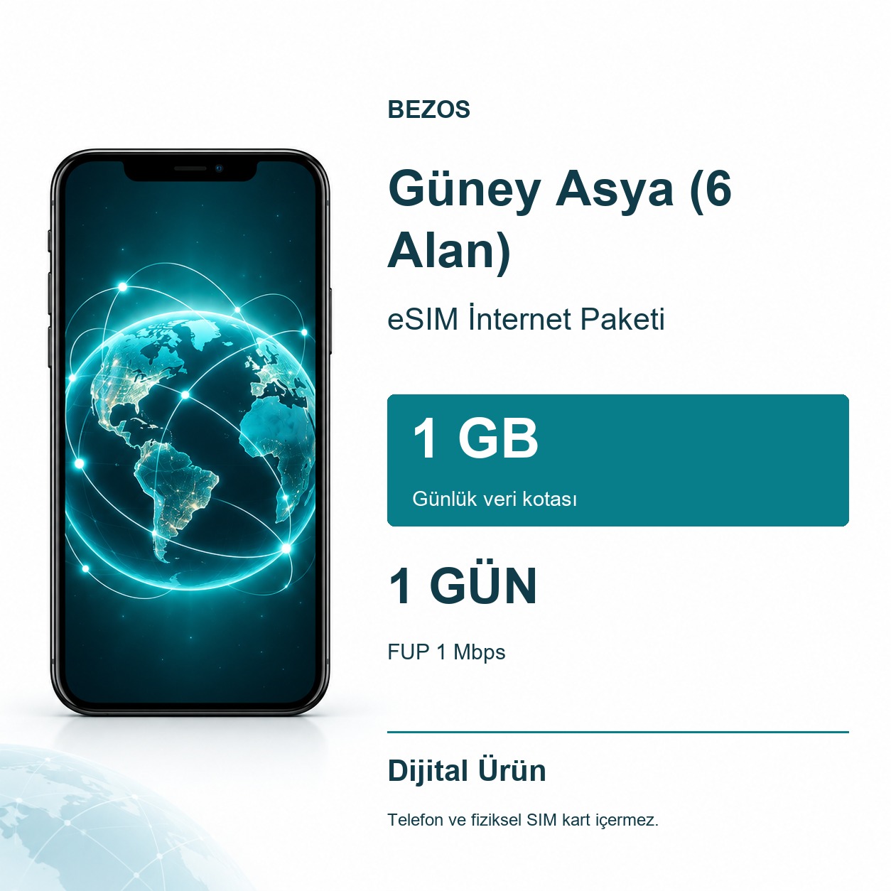 Güney Asya (6 Alan) eSIM İnternet Paketi Günlük 1 GB 1 Gün - FUP 1 Mbps