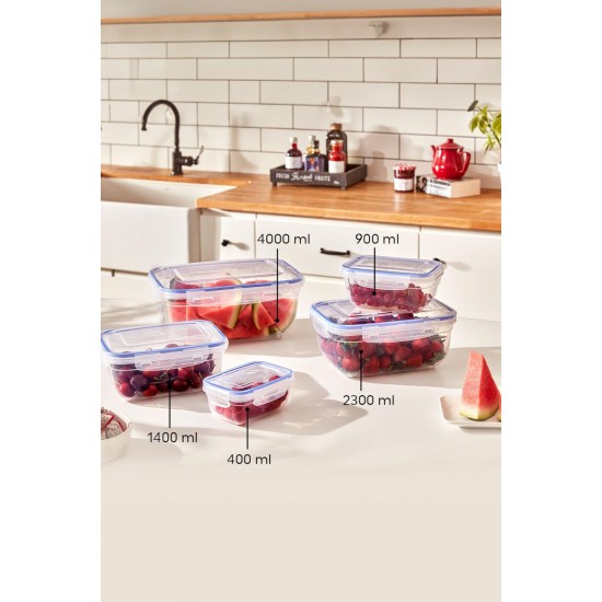 Dikdörtgen 5 Parça Contalı Vakumlu Sızdırmaz Hava Almaz Saklama Kabı Seti (4000/2300/1400/900/400 Ml)