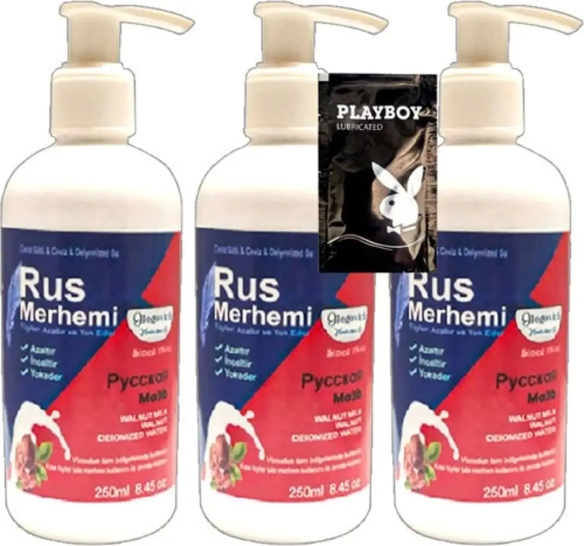 Süper Playboy 3 Adet 250 ml Ceviz Sütlü & Cevizli Rus Merhemi Tüy Dökücü Krem + 1 Armağan Jel