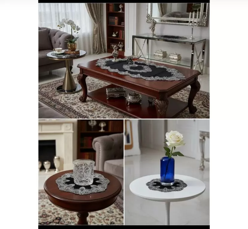 Elora Siyah Model 5 Parça Velvet Kadife Dantelli Runner Seti Salon Takımı