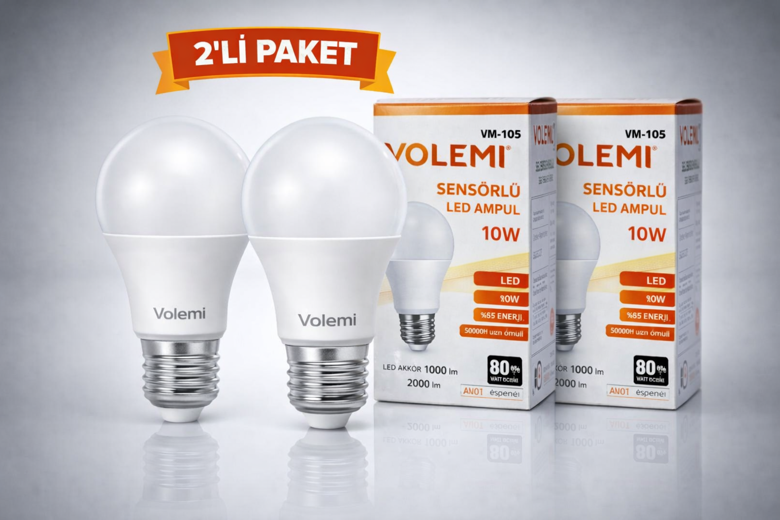 Volemi VM-10S Sensörlü LED Ampul 10W 2000 Lümen E27 Duy 50000 Saat Ömür Enerji Tasarruflu Beyaz Işık 2 Adet