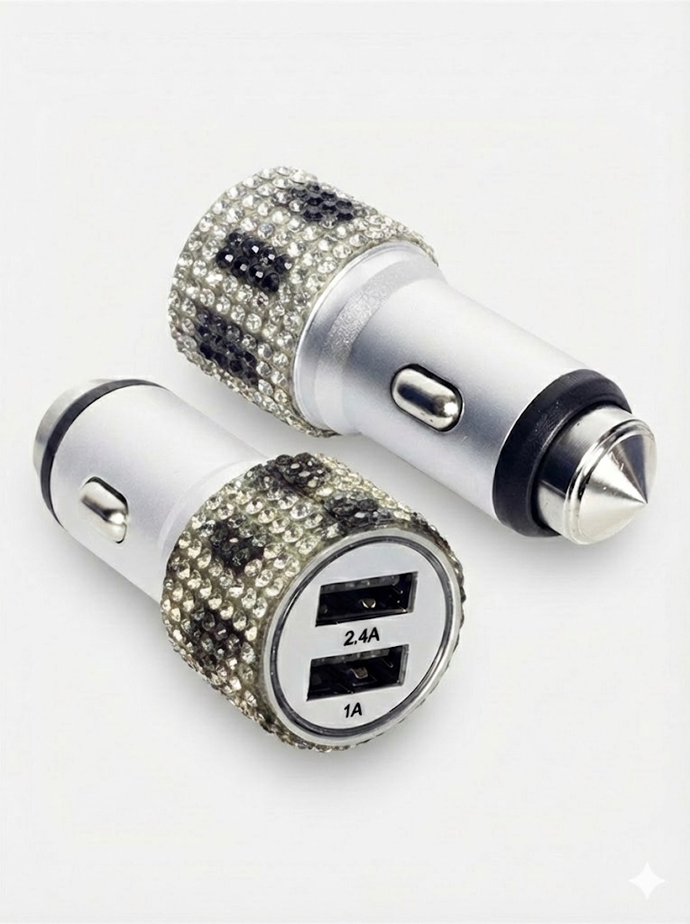 Kristal Taşlı Metal Araç Çakmaklık Şarj Aleti Çift USB-A Girişli Hızlı Şarj 2.4A 12-24v Leopar