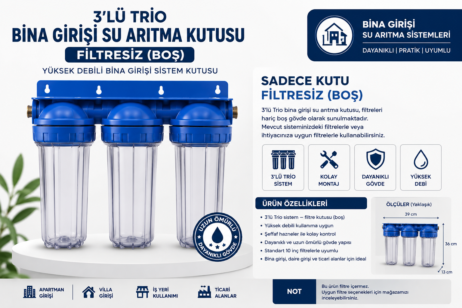 3’lü Trio Bina Girişi Su Arıtma Filtresi Kabı Filtresiz Boş Gövde