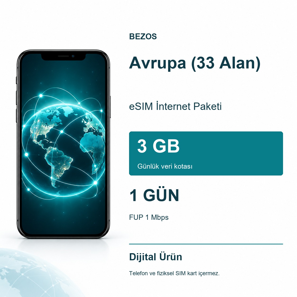 Avrupa (33 Alan) eSIM İnternet Paketi Günlük 3 GB 1 Gün - FUP 1 Mbps