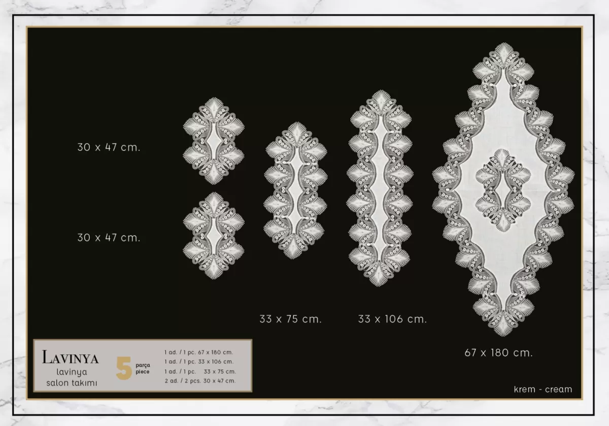 Salon Takımı 5 Parça Keten Dantelli Masa Örtüsü Runner Seti Çeyizlik Lavinya Model No 2 Krem-Krem